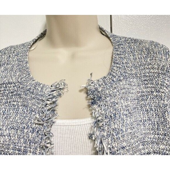 ANN TAYLOR Loft Fringe Sweater Cardigan Jacket Blue Gray Marled Womens Medium - Picture 4 of 12